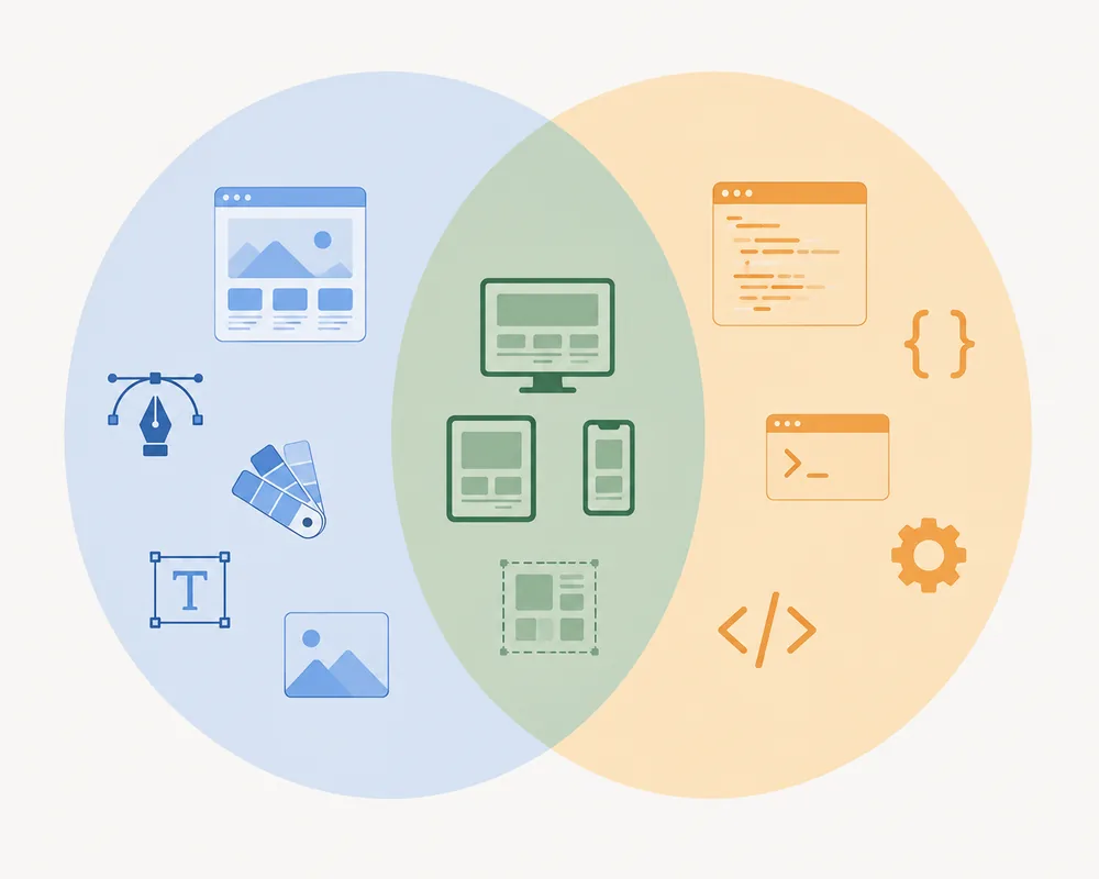 A Venn diagram: pen tool, colour swatches and type icons on the left, code brackets, braces and a terminal on the right, and responsive device layouts in the overlap