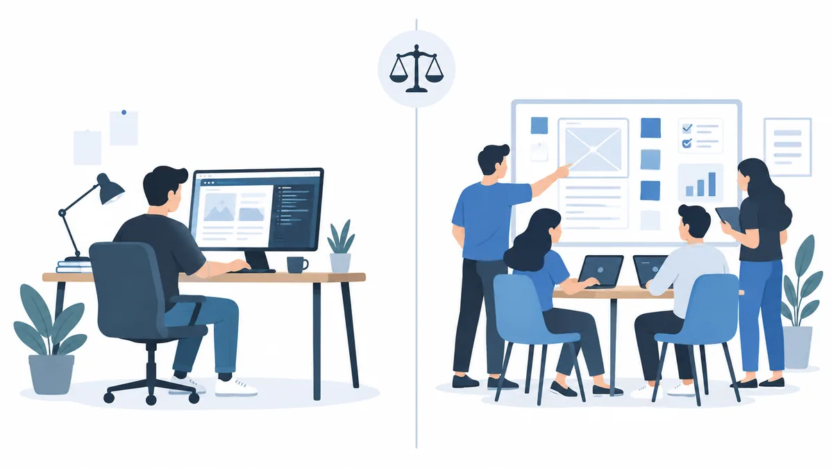 A freelancer working alone at a desk on the left, an agency team at a whiteboard on the right, with a set of scales between them