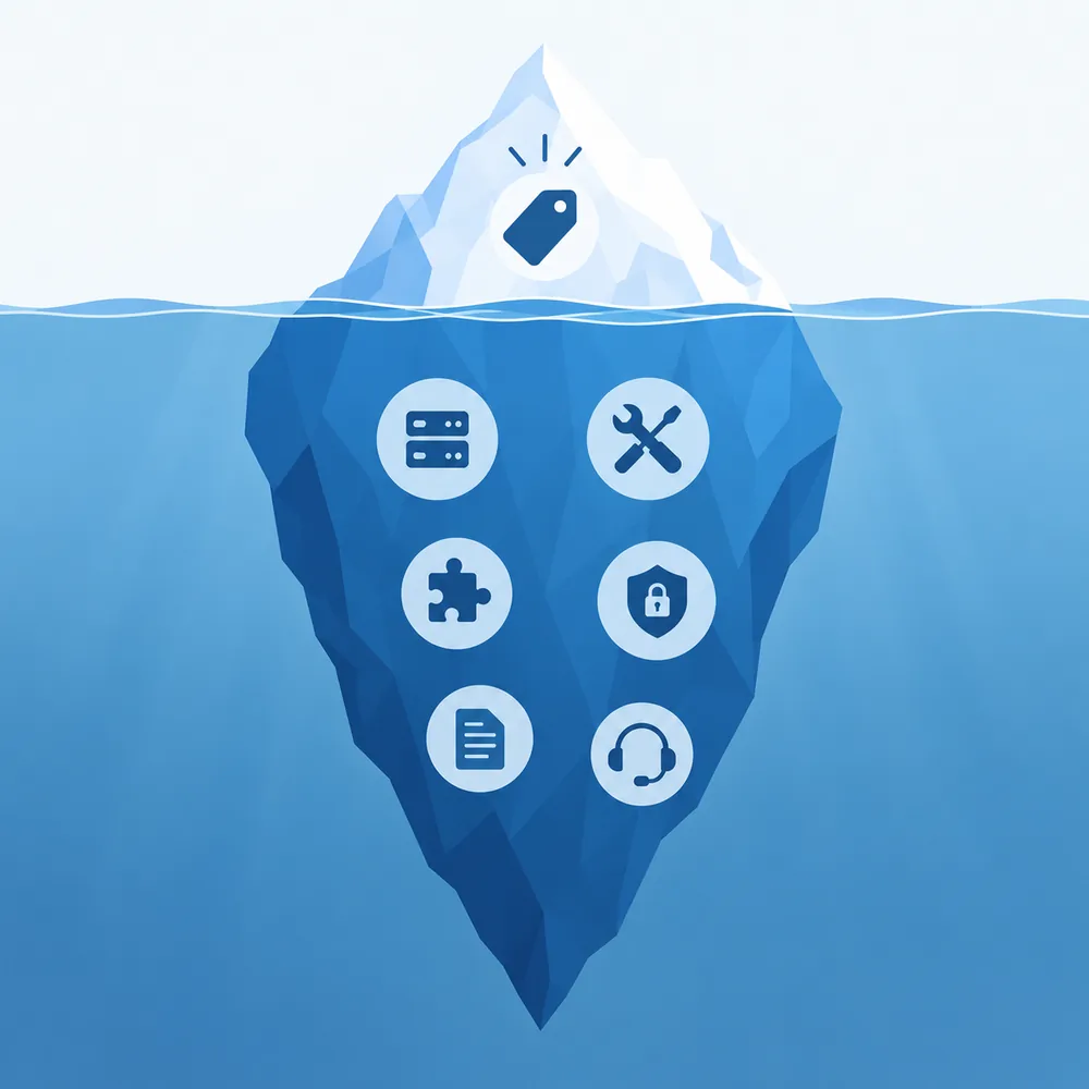 Iceberg diagram with a price tag on the tip above water and icons for hosting, maintenance, plugins, security, content and support on the mass below