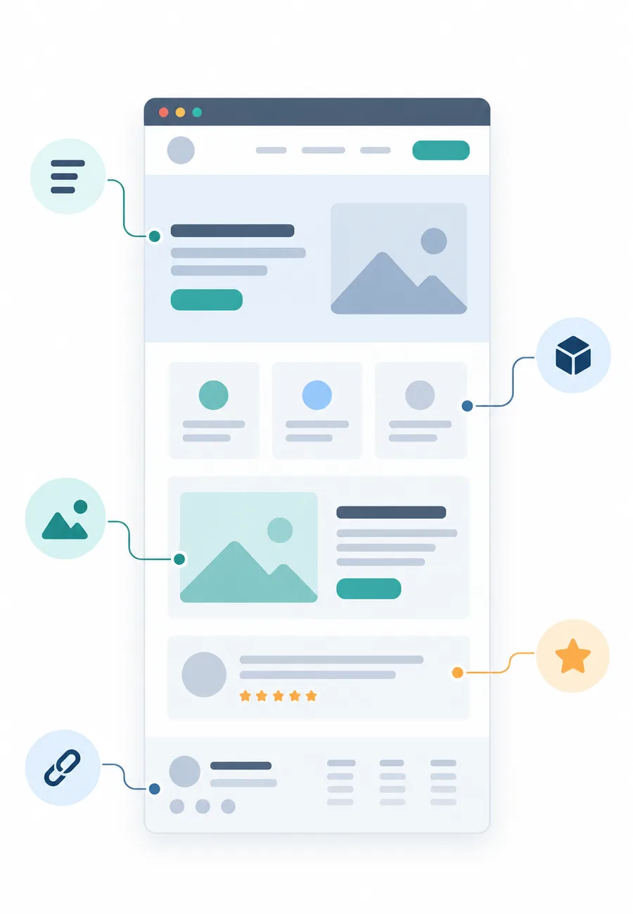 A tall page layout in a browser frame with five thin lines leading to circular icons: stacked text lines, a three-dimensional box, a picture, a star and a chain link