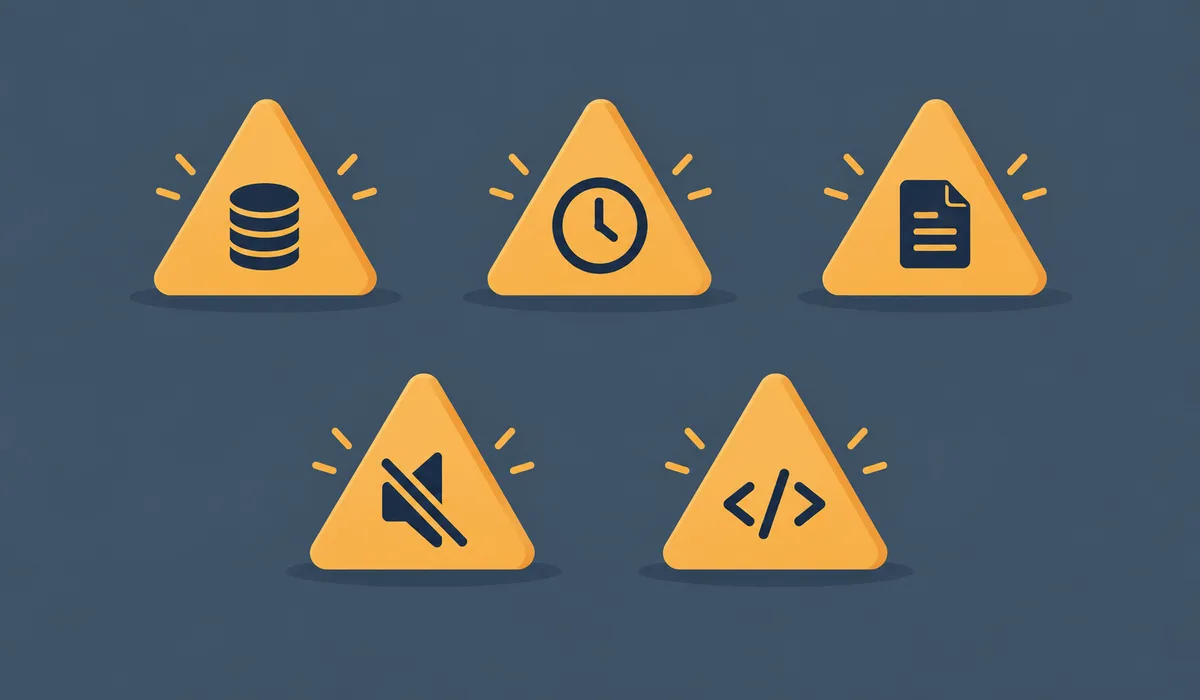 Five yellow warning triangles on a dark background, carrying icons for money, time, paperwork, a muted speaker and code