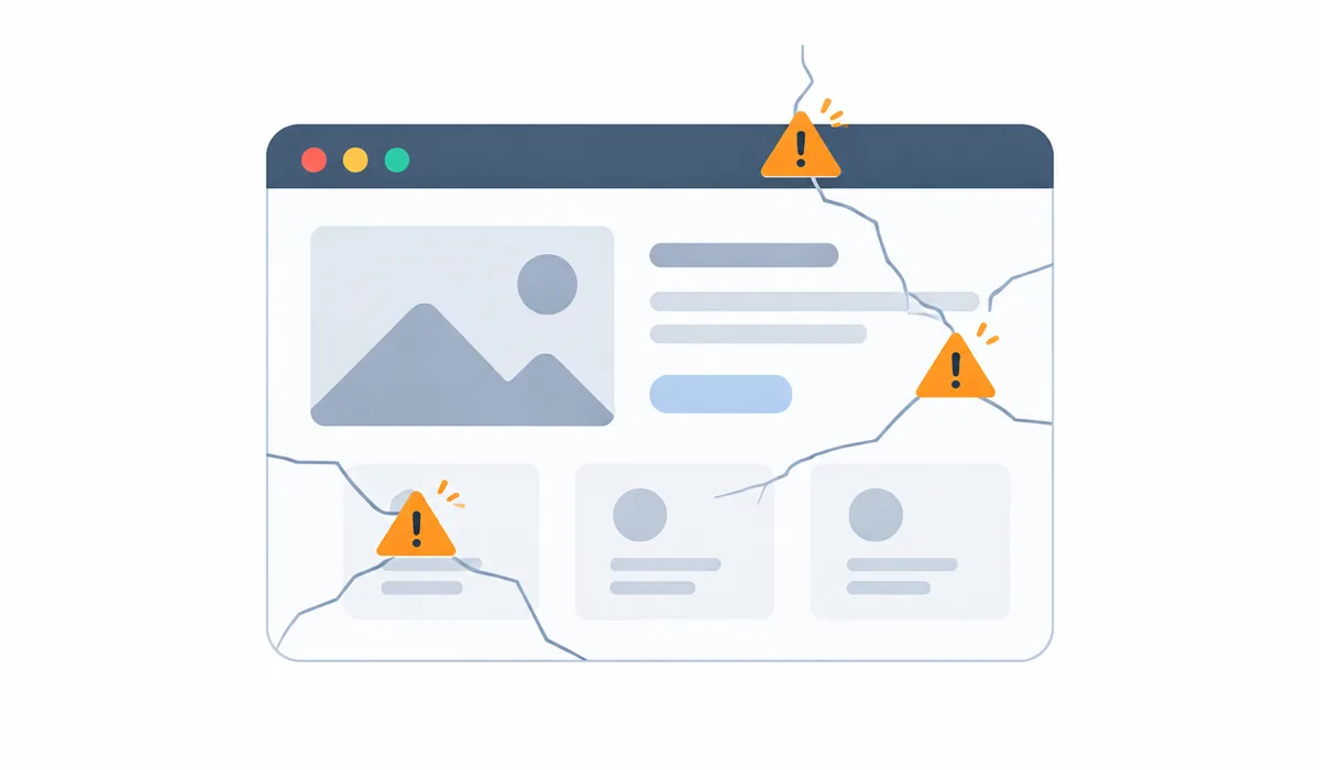 A browser window with cracks spreading across its content and three amber warning triangles sitting at the fracture points
