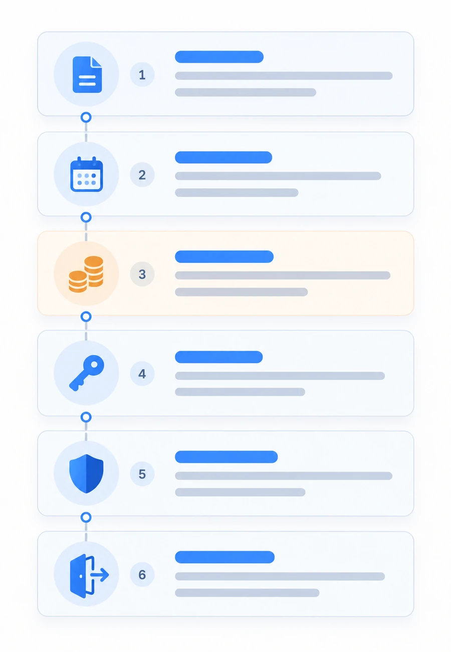 Six numbered rows down a contract, carrying icons for the document itself, a schedule, payment, a key, a shield and an exit door, with the payment row highlighted