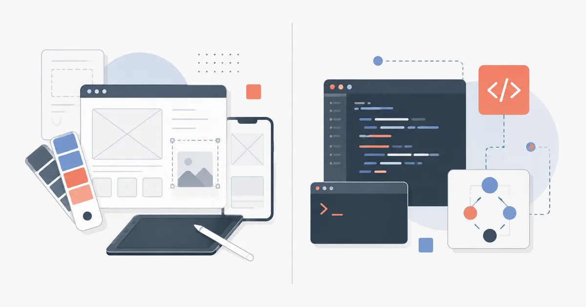 A split illustration: wireframes, colour swatches and a drawing tablet on the left, a code editor, terminal and component diagram on the right