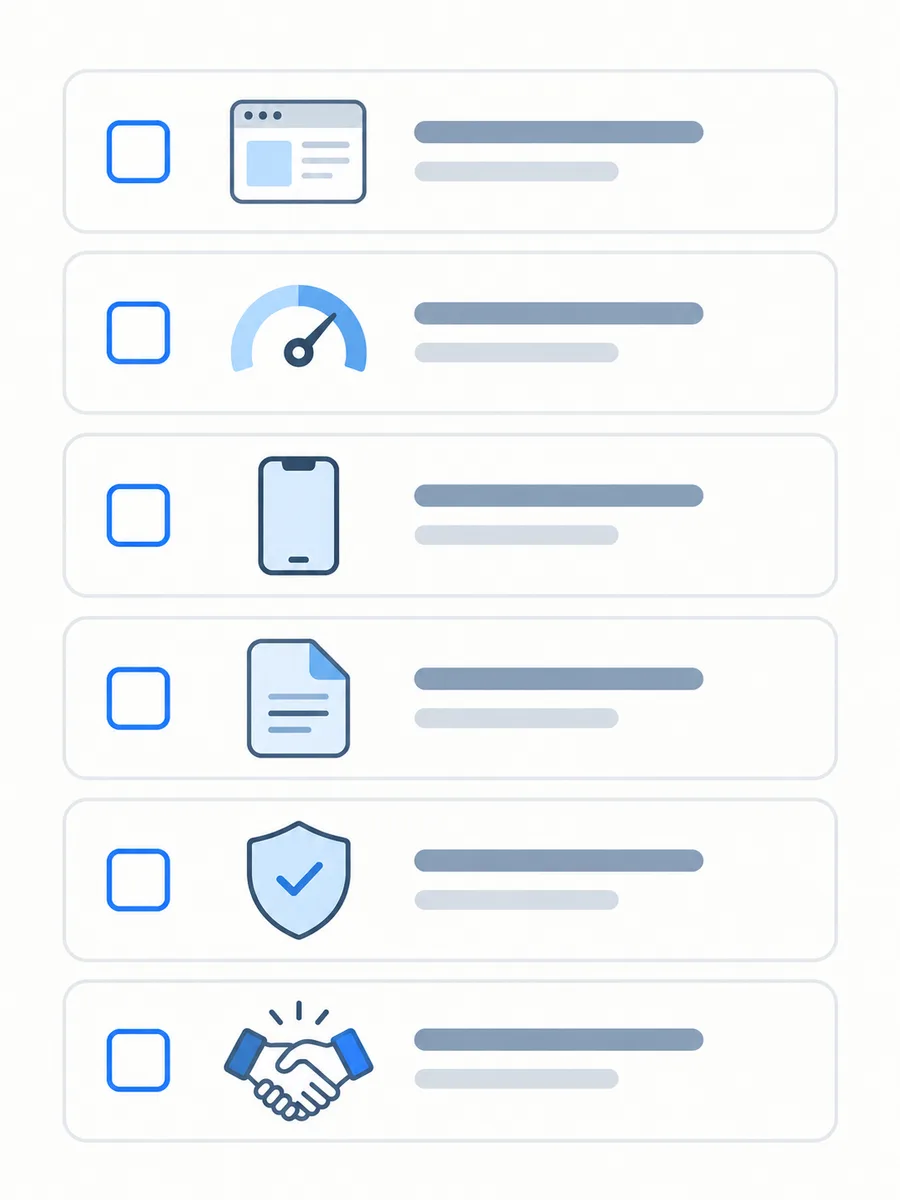 Illustration of a six-row checklist with icons for a website, page speed, mobile, documentation, security and the final agreement
