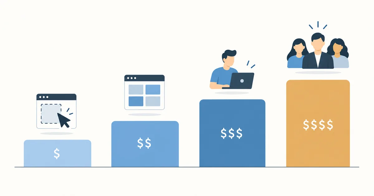 Four rising columns marked with one to four dollar signs, topped in turn by a drag-and-drop builder, a template site, a person at a laptop and a team