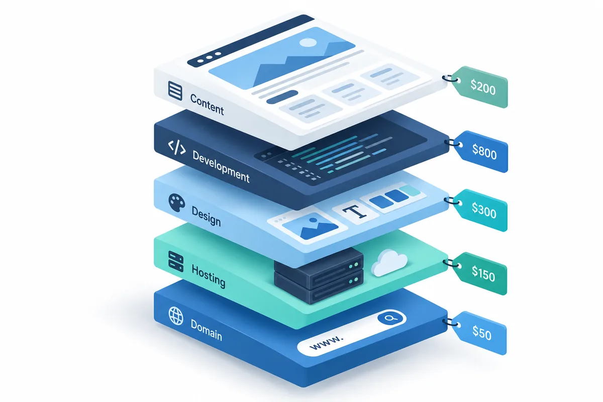 The five priced layers of a website stacked with a price tag on each: content, development, design, hosting and domain