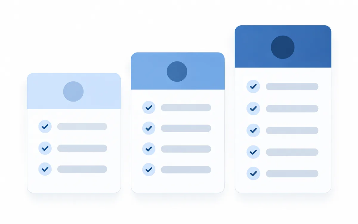 Three rounded panels of increasing height, each with a header band in a deeper blue than the last and three, four then five rows of ticked items beneath