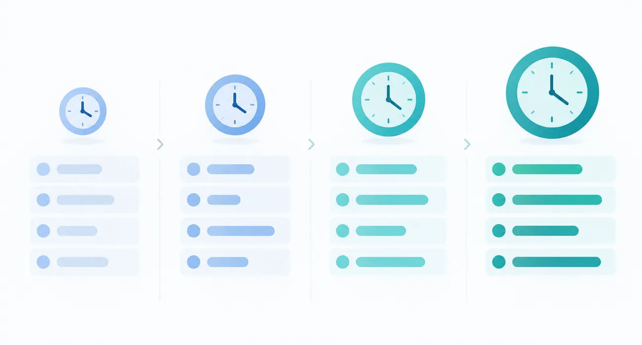 Four columns, each headed by a clock face larger than the one before it, with rows of task bars beneath shifting from pale blue to teal