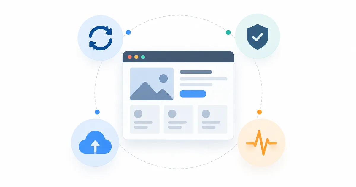 A browser window encircled by a dashed ring with four icons set around it: refresh arrows, a shield with a tick, a cloud with an upward arrow, and a heartbeat line