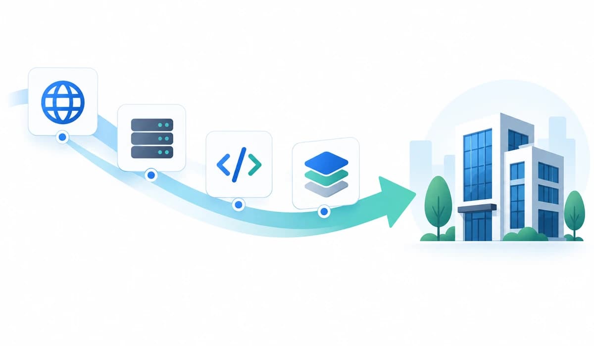 Four cards for a domain, a server, code and design files, travelling along an arrow that curves towards an office building