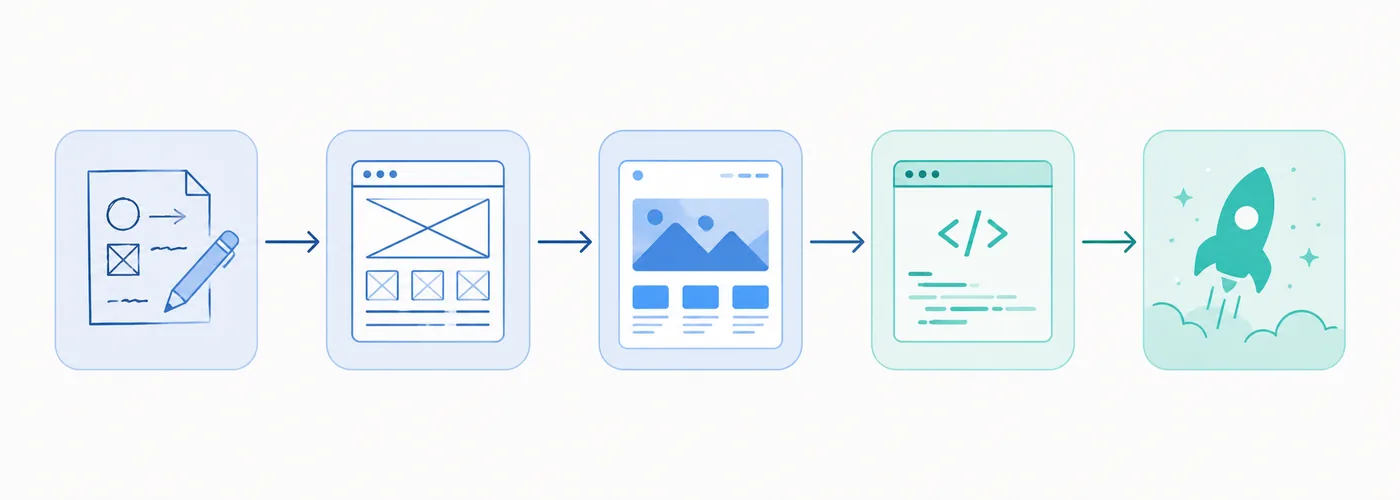 Five cards joined by arrows: a pencil sketch, a wireframe, a finished visual design, a window of code, and a rocket launching