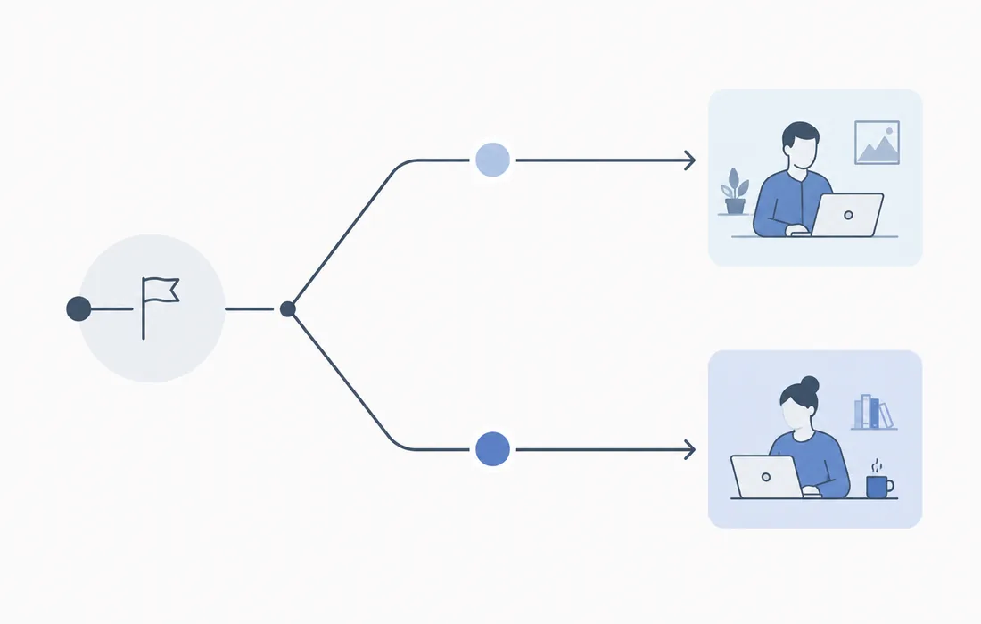A starting point marked with a flag, branching along two paths to two people working at laptops