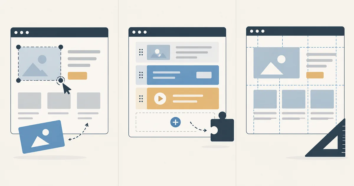 Three website editors side by side: one with a drag handle on an image, one built from stacked content blocks with a plugin piece, and one laid out on a grid with a set square