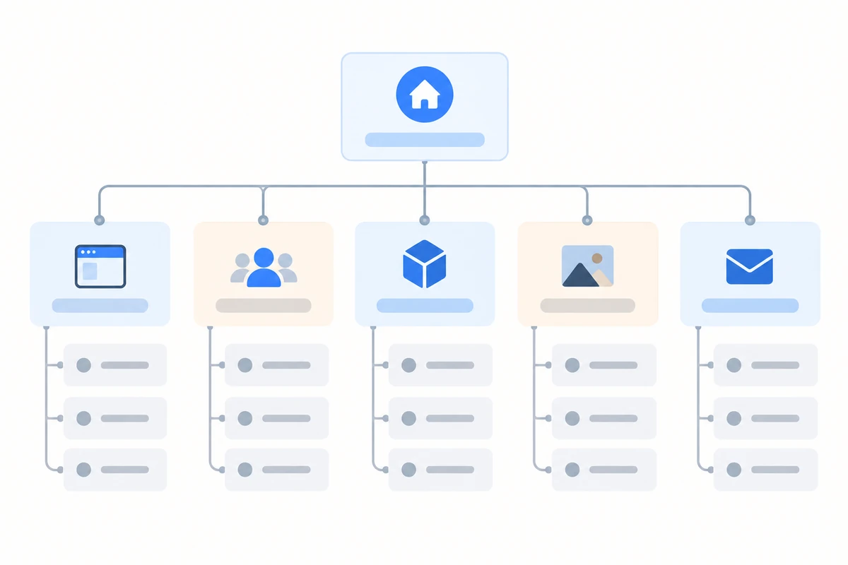 A sitemap with a home page at the top branching to five sections, each carrying an icon and three sub-pages beneath it