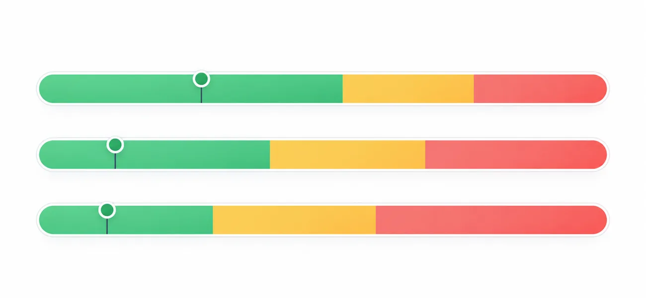 Three horizontal bars stacked vertically, each running green then amber then red from left to right, with a circular marker sitting in the green zone of every bar