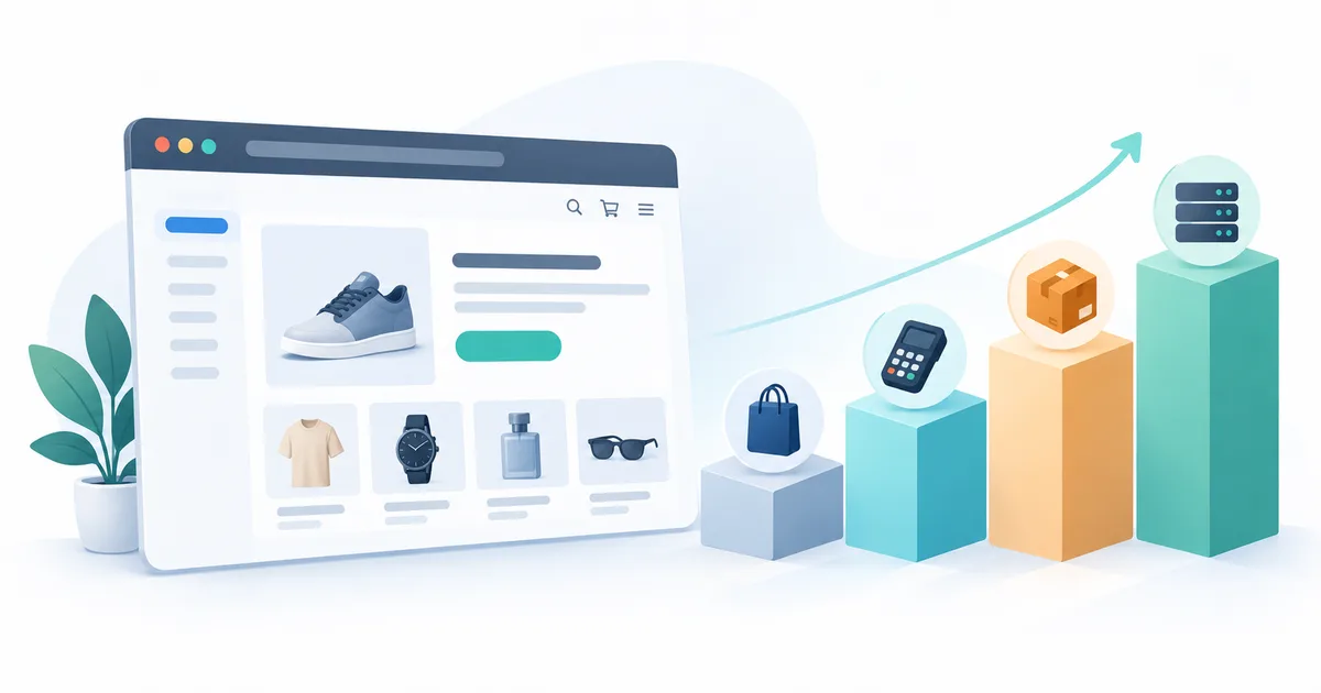 An online shop open in a browser window beside four rising columns topped with icons for orders, card payments, shipping and hosting