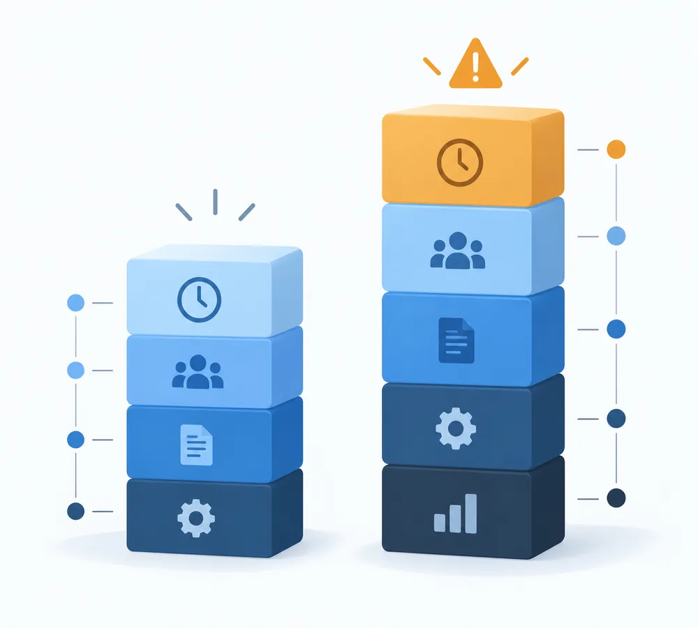 Two stacks of blocks side by side, each block carrying an icon for time, people, paperwork and process; the taller right-hand stack is topped with a warning symbol