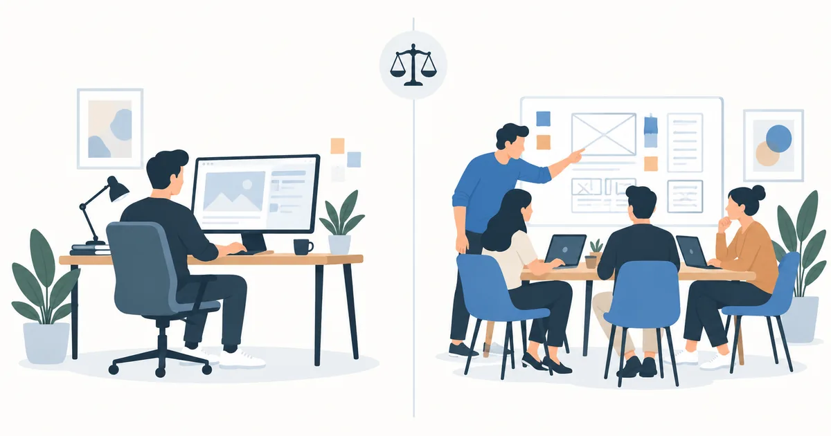 One person working alone at a desk on the left and a team of four around a whiteboard on the right, with a set of scales on the divider between them