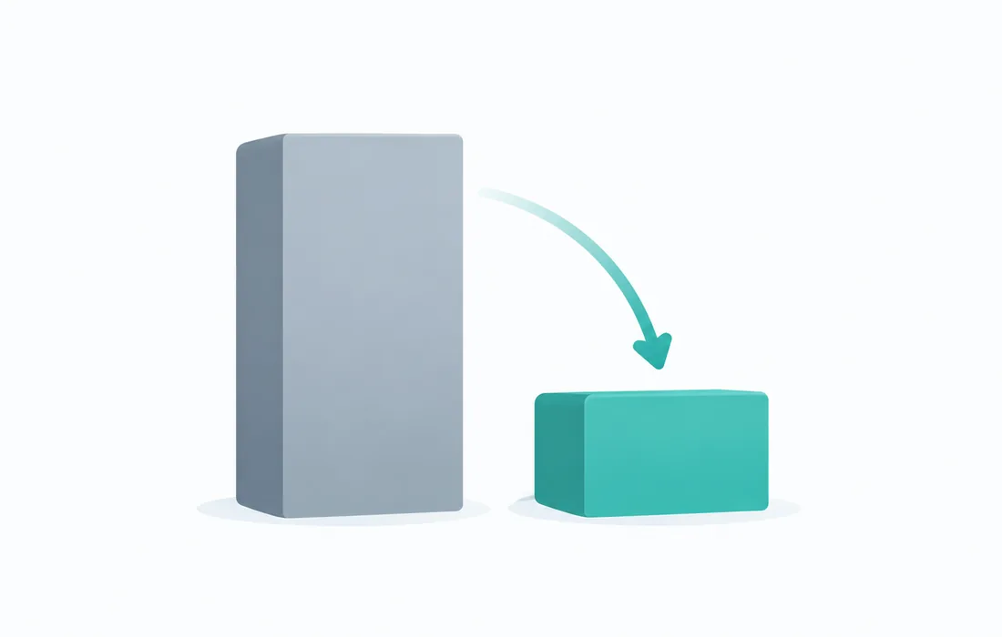 A tall grey block beside a much shorter teal block, with a curved arrow sweeping down from the top of the grey one to the teal one