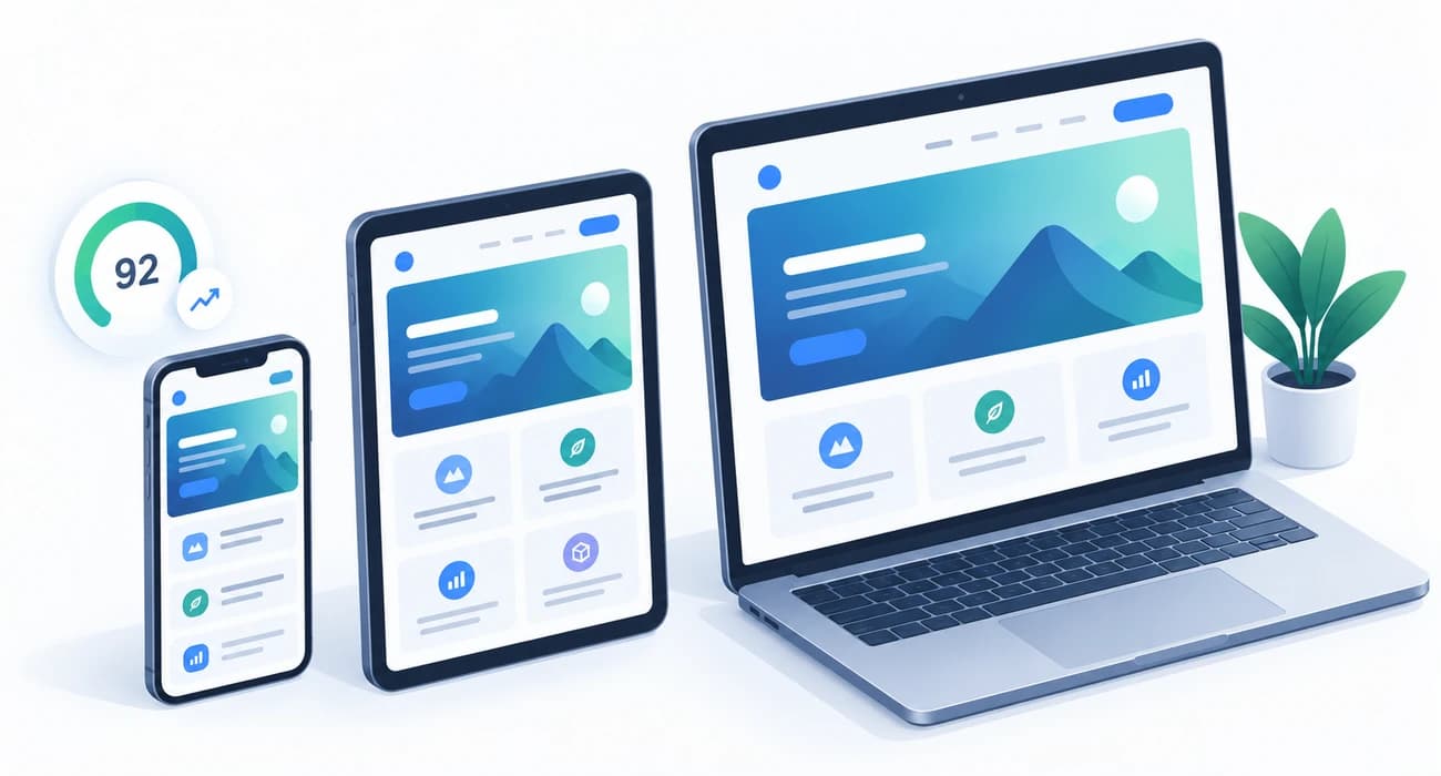 The same website laid out on a phone, a tablet and a laptop, beside a performance dial reading 92