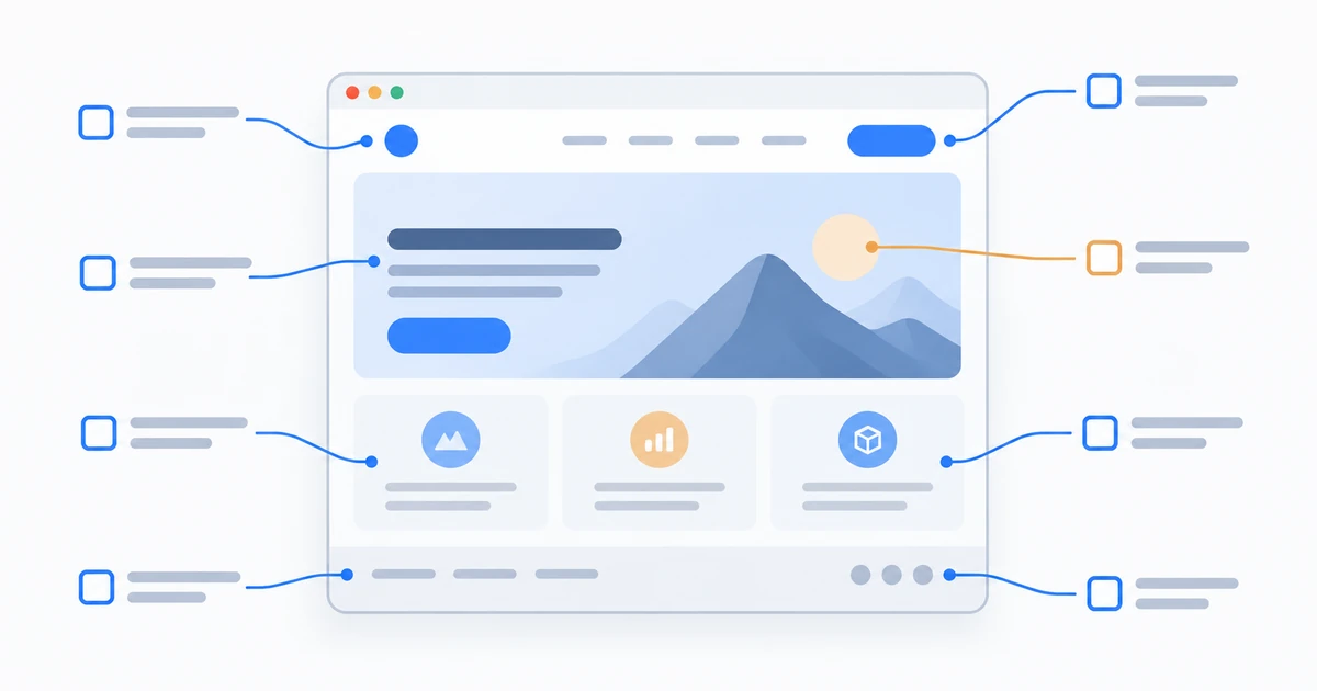 A homepage open in a browser with callout lines running to eight tick boxes arranged around it