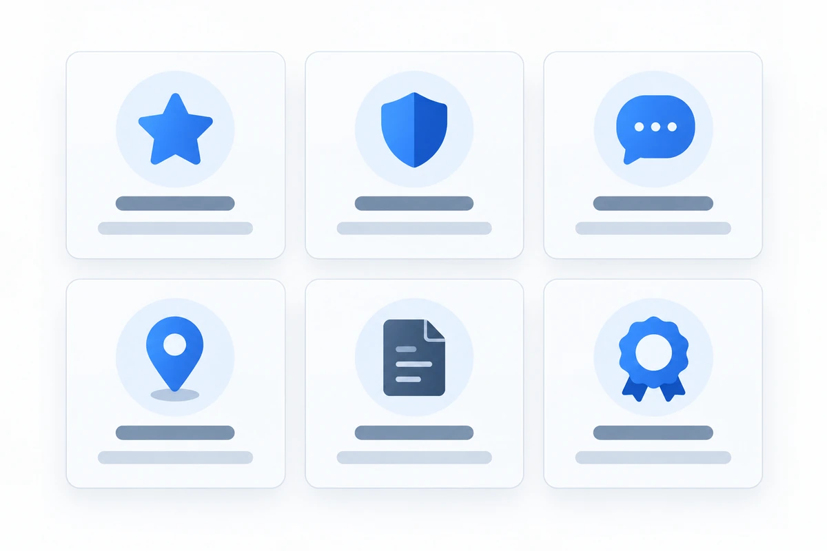Six cards carrying icons for a review star, a security shield, a testimonial speech bubble, a location pin, a document and an award rosette