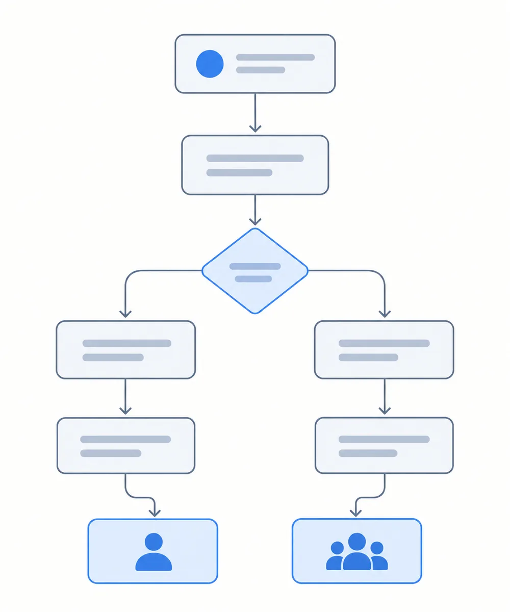 Illustration of a decision flowchart branching to two outcomes: one person on the left, a team on the right